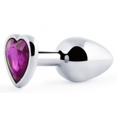 Серебристая анальная пробка с фиолетовым кристаллом-сердечком - 8 см. - Anal Jewelry Plug - купить с доставкой в Нижнем Новгороде