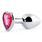 Серебристая анальная пробка с розовым кристаллом-сердечком - 7 см. - Anal Jewelry Plug - купить с доставкой в Нижнем Новгороде