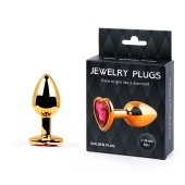 Золотистая анальная пробка с малиновым кристаллом-сердечком - 7 см. - Anal Jewelry Plug - купить с доставкой в Нижнем Новгороде