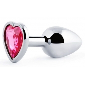 Серебристая анальная пробка с малиновым кристаллом-сердечком - 7 см. - Anal Jewelry Plug - купить с доставкой в Нижнем Новгороде