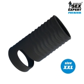 Черная открытая насадка на пенис с кольцом для мошонки XXL-size - 9,4 см. - Sex Expert - в Нижнем Новгороде купить с доставкой