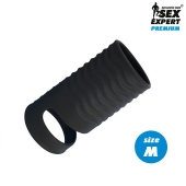 Черная открытая насадка на пенис с кольцом для мошонки size M - 7,9 см. - Sex Expert - в Нижнем Новгороде купить с доставкой