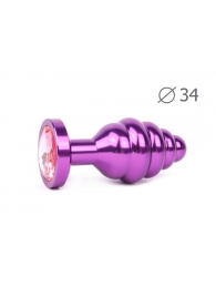 Коническая ребристая фиолетовая анальная втулка с розовым кристаллом - 8 см. - Anal Jewelry Plug - купить с доставкой в Нижнем Новгороде
