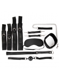 Черный текстильный набор БДСМ: наручники, оковы, ошейник с поводком, кляп, маска, плеть - Bior toys - купить с доставкой в Нижнем Новгороде