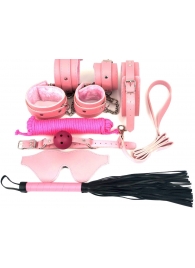 Набор БДСМ в розовом цвете: наручники, поножи, кляп, ошейник с поводком, маска, веревка, плеть - Vandersex - купить с доставкой в Нижнем Новгороде