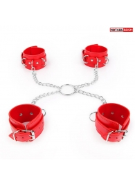 Комплект красных наручников и оков на металлических креплениях с кольцом - Notabu - купить с доставкой в Нижнем Новгороде