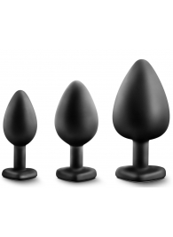 Набор из 3 черных пробок с прозрачным кристаллом-сердечком Bling Plugs Training Kit - Blush Novelties - купить с доставкой в Нижнем Новгороде