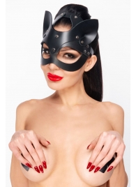 Черная кожаная маска  Кошка  с ушками - Джага-Джага - купить с доставкой в Нижнем Новгороде