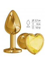 Золотистая анальная втулка с желтым кристаллом-сердечком - 7 см. - Джага-Джага - купить с доставкой в Нижнем Новгороде