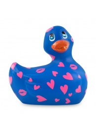 Синий вибратор-уточка I Rub My Duckie 2.0 Romance с розовым принтом - Big Teaze Toys - купить с доставкой в Нижнем Новгороде