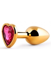 Золотистая анальная пробка с малиновым кристаллом-сердечком - 7 см. - Anal Jewelry Plug - купить с доставкой в Нижнем Новгороде