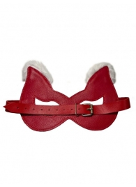 Красная маска из натуральной кожи с белым мехом на ушках - БДСМ Арсенал - купить с доставкой в Нижнем Новгороде