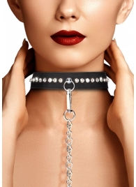 Черный ошейник с поводком Diamond Studded Collar With Leash - Shots Media BV - купить с доставкой в Нижнем Новгороде
