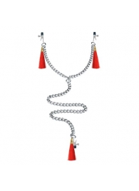 Зажимы на соски и клитор с игривыми красными кисточками Nipple Clit Tassel Clamp With Chain - Lovetoy - купить с доставкой в Нижнем Новгороде