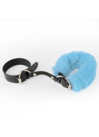 Черные кожаные наручники со съемной голубой опушкой - Sitabella - купить с доставкой в Нижнем Новгороде