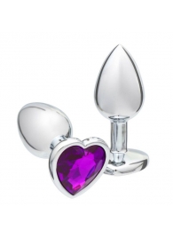 Серебристая анальная пробка с фиолетовым кристаллом в форме сердца - 7 см. - Сима-Ленд