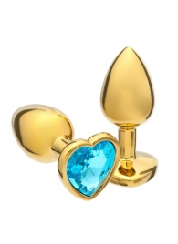 Золотистая анальная пробка с голубым кристаллом в форме сердца - 7 см. - Сима-Ленд