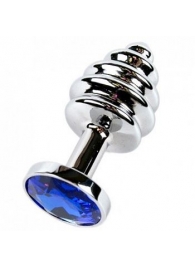 Серебристая фигурная анальная пробка с синим кристаллом - 7,6 см. - 4sexdreaM - купить с доставкой в Нижнем Новгороде
