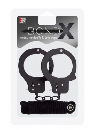 Чёрные наручники из листового металла в комплекте с веревкой BONDX METAL CUFFS LOVE ROPE SET - Dream Toys - купить с доставкой в Нижнем Новгороде