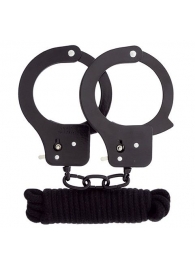 Чёрные наручники из листового металла в комплекте с веревкой BONDX METAL CUFFS LOVE ROPE SET - Dream Toys - купить с доставкой в Нижнем Новгороде