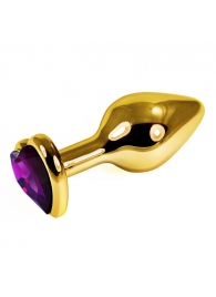 Золотистая анальная втулка с фиолетовым кристаллом-сердцем - 7 см. - Джага-Джага - купить с доставкой в Нижнем Новгороде