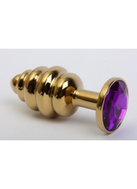 Золотистая рифлёная пробка с фиолетовым стразом - 8,2 см. - 4sexdreaM - купить с доставкой в Нижнем Новгороде