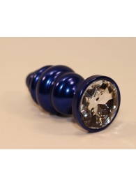 Синяя рифлёная пробка с прозрачным кристаллом - 7,3 см. - 4sexdreaM - купить с доставкой в Нижнем Новгороде