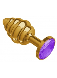 Золотистая пробка с рёбрышками и фиолетовым кристаллом - 7 см. - Джага-Джага - купить с доставкой в Нижнем Новгороде