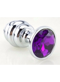 Серебристая фигурная анальная пробка с фиолетовым кристаллом - 8 см. - 4sexdreaM - купить с доставкой в Нижнем Новгороде