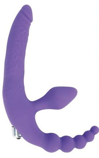 Фиолетовый безремневой страпон с анальным отростком и вибрацией - 15 см. - Bior toys - купить с доставкой в Нижнем Новгороде