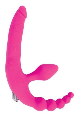 Розовый безремневой страпон с анальным отростком и вибрацией - 15 см. - Bior toys - купить с доставкой в Нижнем Новгороде