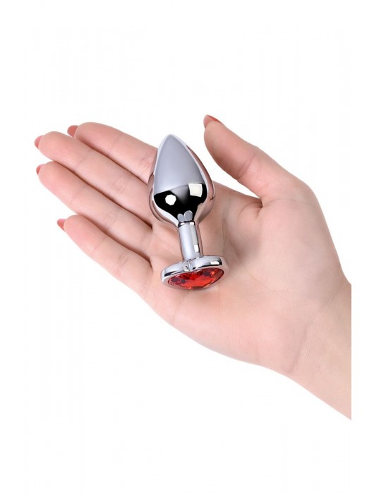Серебристая коническая анальная пробка с красным кристаллом-сердечком - 7 см. - ToyFa - купить с доставкой в Нижнем Новгороде
