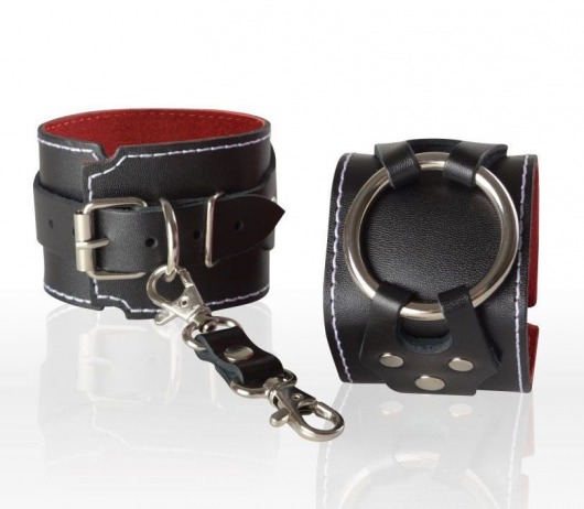 Чёрные кожаные наручники-напульсники с красной изнанкой - Sitabella - купить с доставкой в Нижнем Новгороде