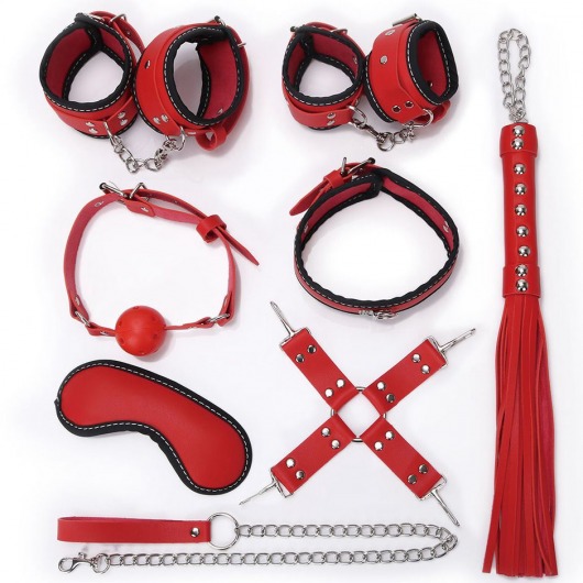Пикантный красно-черный набор БДСМ: маска, ошейник, кляп, фиксатор, наручники, оковы, плеть - Bior toys - купить с доставкой в Нижнем Новгороде