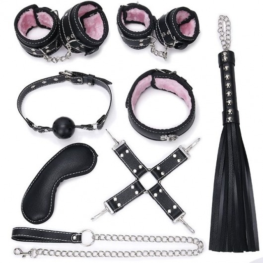Пикантный черно-розовый набор БДСМ: маска, ошейник, кляп, фиксатор, наручники, оковы, плеть - Bior toys - купить с доставкой в Нижнем Новгороде