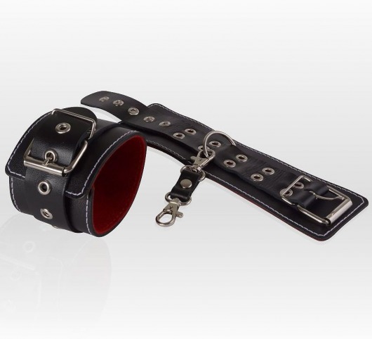 Чёрные кожаные наручники с контрастной строчкой и красной изнанкой - Sitabella - купить с доставкой в Нижнем Новгороде
