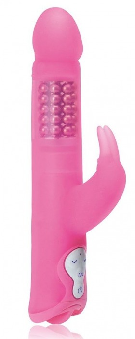 Розовый силиконовый вибратор с шариками и клиторальным отростком - 25 см. - Erotic Fantasy