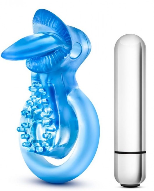 Голубое эрекционное виброкольцо 10 Function Vibrating Tongue Ring - Blush Novelties - в Нижнем Новгороде купить с доставкой