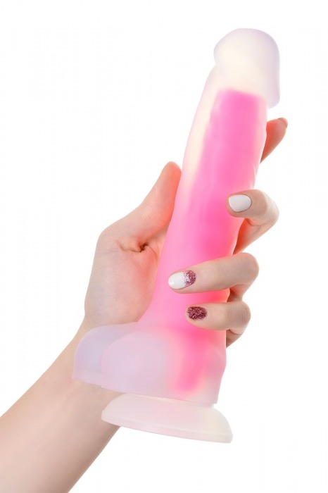 Прозрачно-розовый фаллоимитатор, светящийся в темноте, Clark Glow - 22 см. - ToyFa