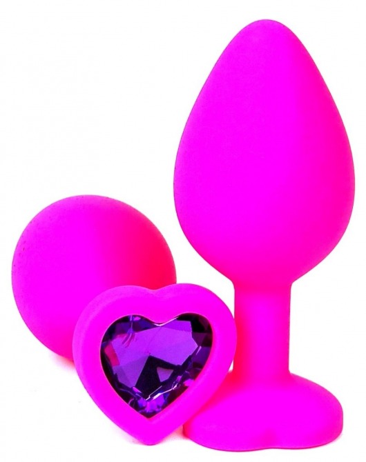 Розовая силиконовая пробка с фиолетовым кристаллом-сердцем - 8 см. - Vandersex - купить с доставкой в Нижнем Новгороде