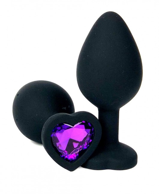 Черная силиконовая пробка с фиолетовым кристаллом-сердцем - 10,5 см. - Vandersex - купить с доставкой в Нижнем Новгороде