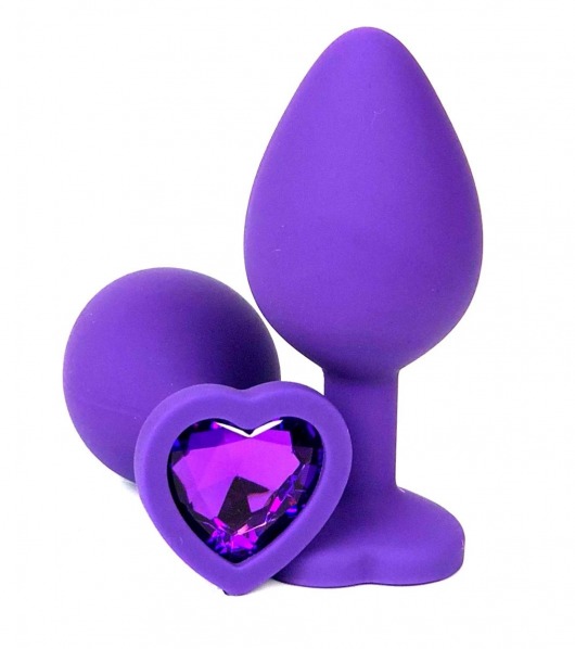 Фиолетовая силиконовая анальная пробка с фиолетовым стразом-сердцем - 8,5 см. - Vandersex - купить с доставкой в Нижнем Новгороде
