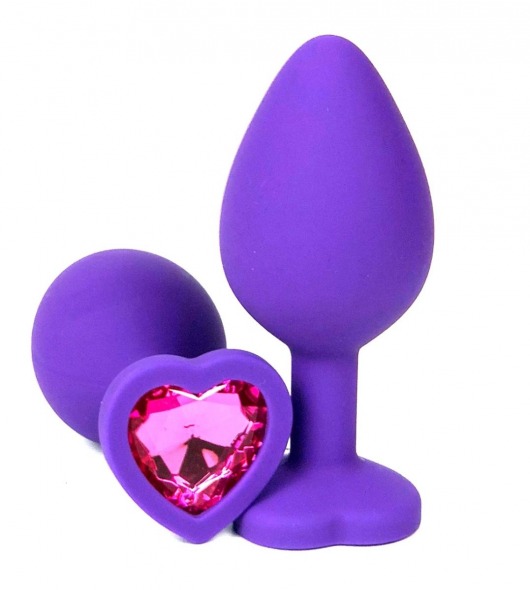 Фиолетовая силиконовая анальная пробка с розовым стразом-сердцем - 10,5 см. - Vandersex - купить с доставкой в Нижнем Новгороде