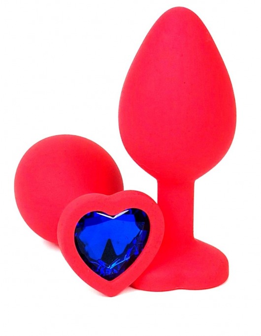 Красная силиконовая анальная пробка с синим стразом-сердцем - 8,5 см. - Vandersex - купить с доставкой в Нижнем Новгороде