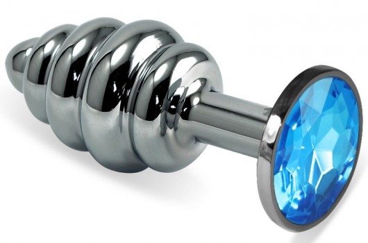 Серебристая  ребристая анальная пробка с голубым кристаллом - 8 см. - Vandersex - купить с доставкой в Нижнем Новгороде