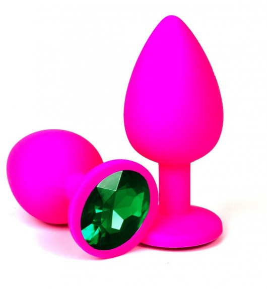 Розовая силиконовая анальная пробка с зеленым стразом - 9,2 см. - Vandersex - купить с доставкой в Нижнем Новгороде