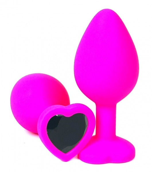 Розовая силиконовая пробка с черным кристаллом-сердцем - 10,5 см. - Vandersex - купить с доставкой в Нижнем Новгороде