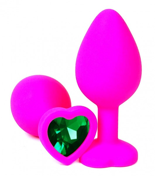 Розовая силиконовая пробка с зеленым кристаллом-сердцем - 8,5 см. - Vandersex - купить с доставкой в Нижнем Новгороде
