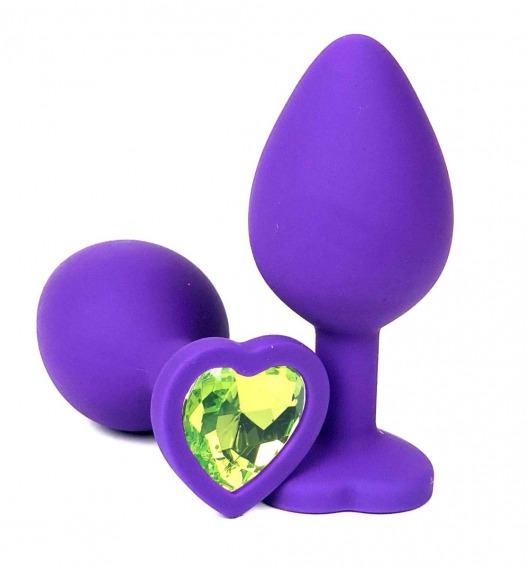 Фиолетовая силиконовая анальная пробка с лаймовым стразом-сердцем - 8 см. - Vandersex - купить с доставкой в Нижнем Новгороде