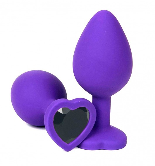 Фиолетовая силиконовая анальная пробка с черным стразом-сердцем - 8,5 см. - Vandersex - купить с доставкой в Нижнем Новгороде
